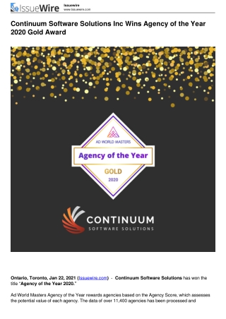 Continuum Software Solutions Inc Wins Agency of the Year 2020 Gold Award