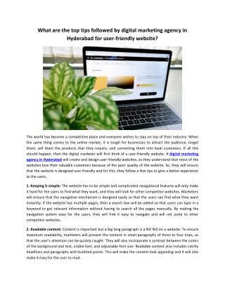 What are the top tips followed by digital marketing agency in Hyderabad for user-friendly website