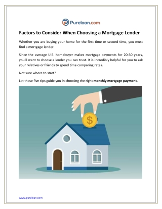 Factors to Consider When Choosing a Mortgage Lender - Pureloan