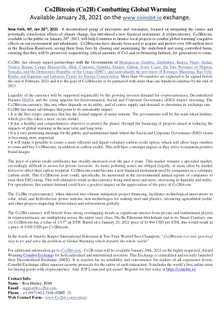 Co2Bitcoin (Co2B) Combatting Global Warming