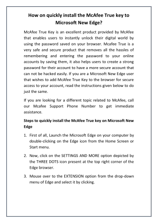 How on quickly install the McAfee True key to Microsoft New Edge?
