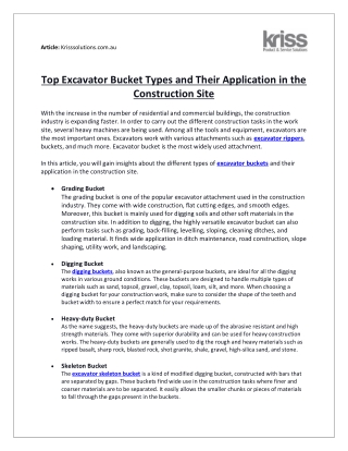 Top Excavator Bucket Types and Their Application in the Construction Site