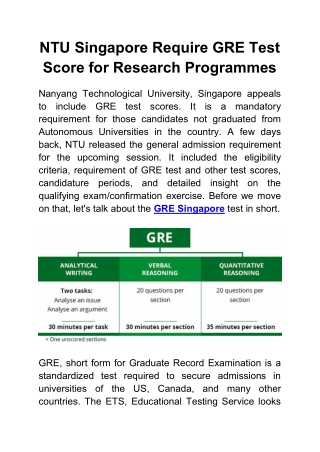 NTU Singapore Require GRE Test Score for Research Programmes