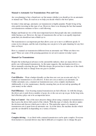 Manual vs Automatic Car Transmissions: Pros and Cons