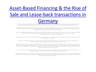 Asset-Based Financing & the Rise of Sale and Lease-back transactions in Germany