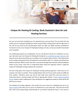 Unique Air Heating & Cooling: Book Gastonia’s Best Air and Heating Services