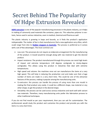 Secret Behind The Popularity Of Hdpe Extrusion Revealed