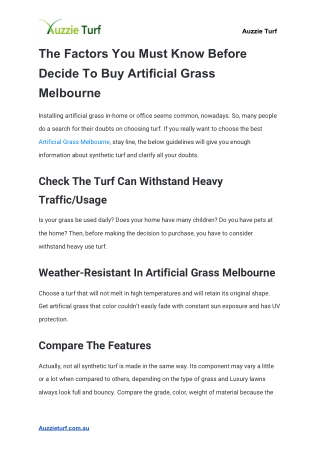 The Factors You Must Know Before Decide To Buy Artificial Grass Melbourne