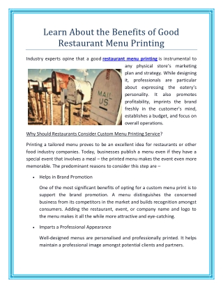 Learn About the Benefits of Good Restaurant Menu Printing