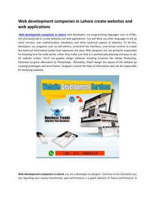 Web development companies in Lahore create websites and web applications