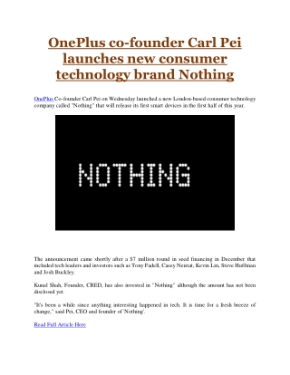 OnePlus co-founder Carl Pei launches new consumer technology brand Nothing