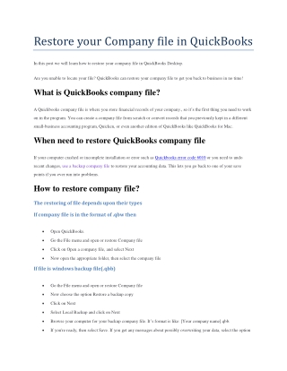 Restore your Company file in QuickBooks