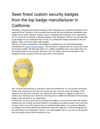 Seek finest custom security badges from the top badge manufacturer in California