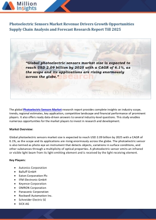 Photoelectric Sensors Market Segmentation | Application Outlook | Product Benchmarking