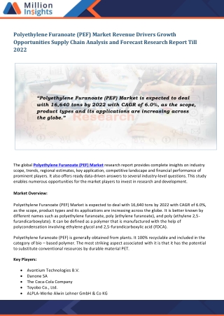 Polyethylene Furanoate (PEF) Market Share Insights | Global Demand & Trends analysis | Forecast