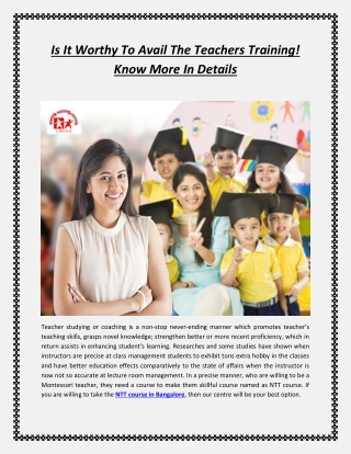 Is It Worthy To Avail The Teacher's Training! Know More In Details