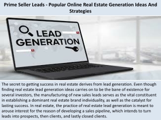 Prime Seller Leads Reviews - Popular Online Real Estate Generation Ideas And Strategies