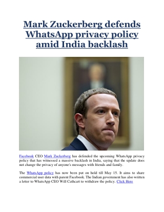 Mark Zuckerberg defends WhatsApp privacy policy amid India backlash