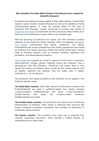 Alfa Chemistry Provides Wide Choices of Pyrrolidinium Ionic Liquids for Scientific Research