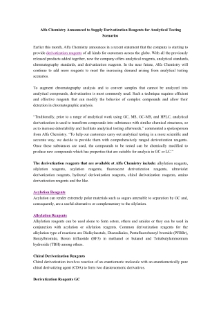 Alfa Chemistry Announced to Supply Derivatization Reagents for Analytical Testing Scenarios