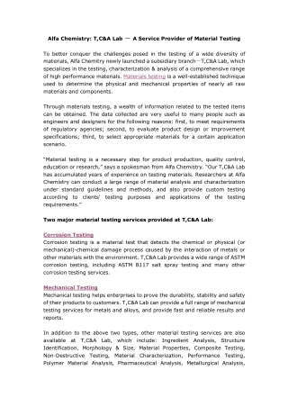 Alfa Chemistry: T,C&A Lab — A Service Provider of Material Testing