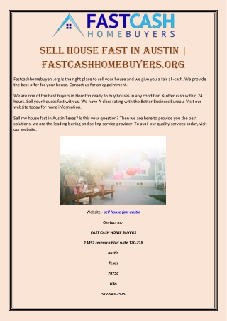 Sell House Fast in Austin | Fastcashhomebuyers.org
