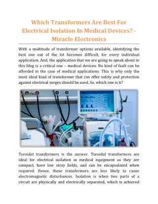 Which Transformers Are Best For Electrical Isolation In Medical Devices - Miracle Electronics