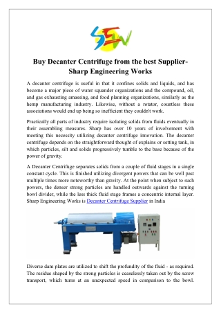 Buy Decanter Centrifuge from the best Supplier- Sharp Engineering Works