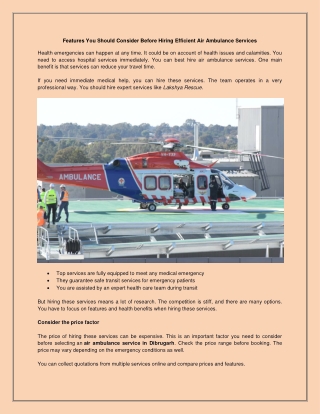 Features You Should Consider Before Hiring Efficient Air Ambulance Services