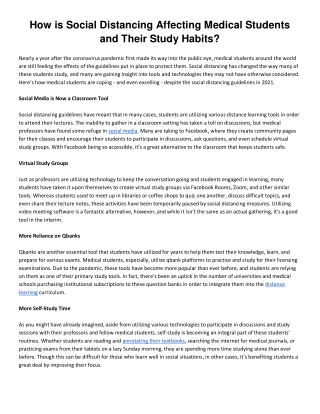 How is Social Distancing Affecting Medical Students and Their Study Habits?