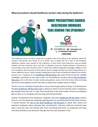 What precautions should Healthcare workers take during the Epidemic?