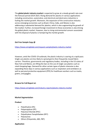 Global Plastic Industry Market  will experience a noticeable growth during the forecast period 2019-2025: Orion Market R