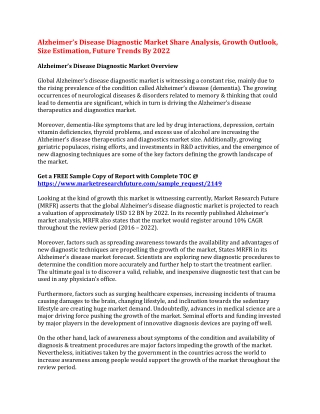 Alzheimers Disease Diagnostic Market Share Analysis, Growth Outlook, Size Estimation, Future Trends By 2022