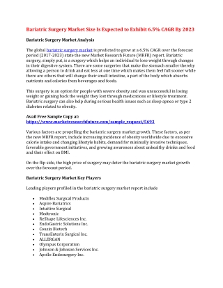 Bariatric Surgery Market Size Is Expected to Exhibit 6.5% CAGR By 2023