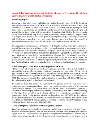 Hemophilia Treatment Market Insights, Research Overview, Highlights, SWOT Analysis and Industry Dynamics