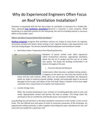 Why do Experienced Engineers Often Focus on Roof Ventilation Installation?