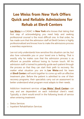 Lee Weiss from New York Offers Quick and Reliable Admissions for Rehab at Elev8 Centers