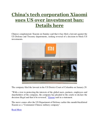 China's tech corporation Xiaomi sues US over investment ban: Details here