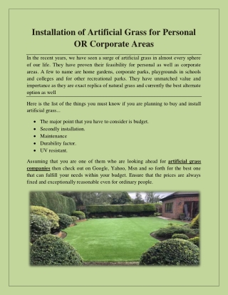 Installation of Artificial Grass for Personal OR Corporate Areas