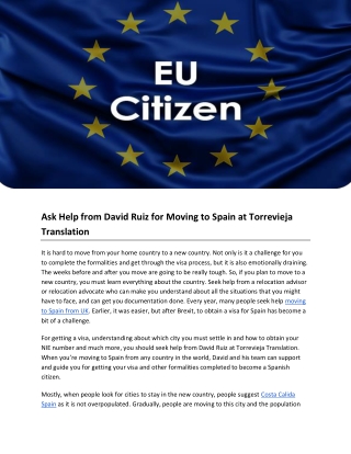 Ask Help from David Ruiz for Moving to Spain at Torrevieja Translation
