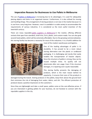 Imperative Reasons for Businesses to Use Pallets in Melbourne