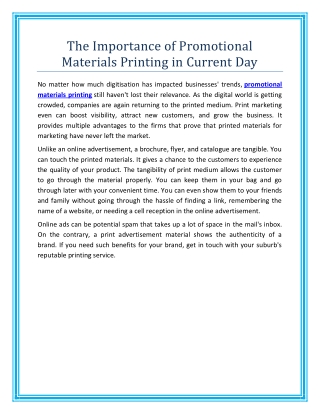 The Importance of Promotional Materials Printing in Current Day