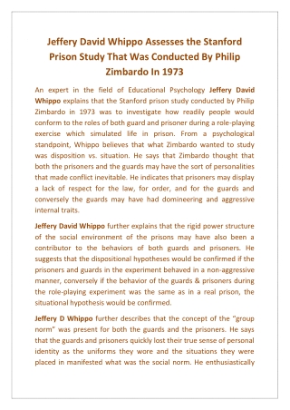 Jeffery David Whippo Assesses the Stanford Prison Study That Was Conducted By Philip Zimbardo In 1973