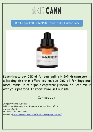 Buy Unique CBD Oil for Pets Online in SA | Kiricann.com