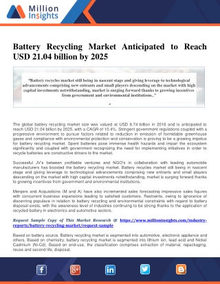 Battery Recycling Market Anticipated to Reach USD 21.04 billion by 2025