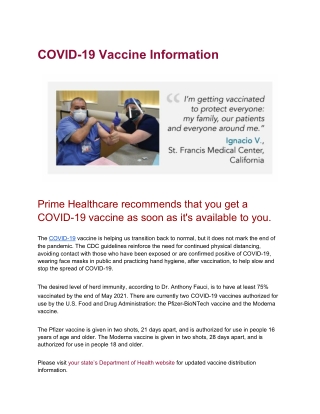 Covid 19 vaccine information   prime healthcare services