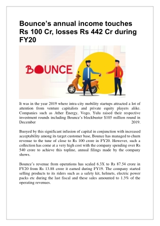 Bounce’s annual income touches Rs 100 Cr, losses Rs 442 Cr during FY20