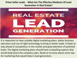 Prime Seller Leads Reviews - What Are The Effective Mediums Of Lead Generation In Real Estate?