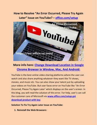 How to Resolve “An Error Occurred, Please Try Again Later” Issue on YouTube? – office.com/setup