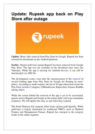 Update: Rupeek app back on Play Store after outage